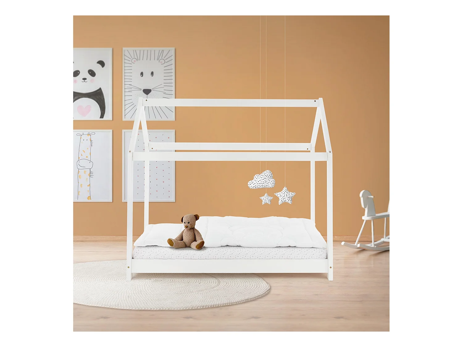 ML-Design Lettino per bambini forma casa con tetto 70x 140 cm, letto Montessori in legno di pino massiccio bianco, casetta cameretta bimbi