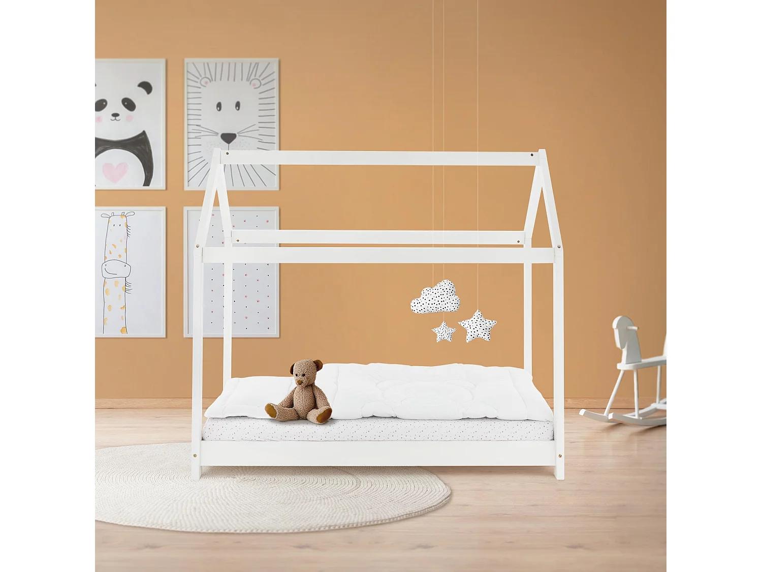 ML-Design Cama infantil 70 x 140 cm color blanco con listones de madera de pino maciza mobiliario forma de casa tienda de campaña para niños