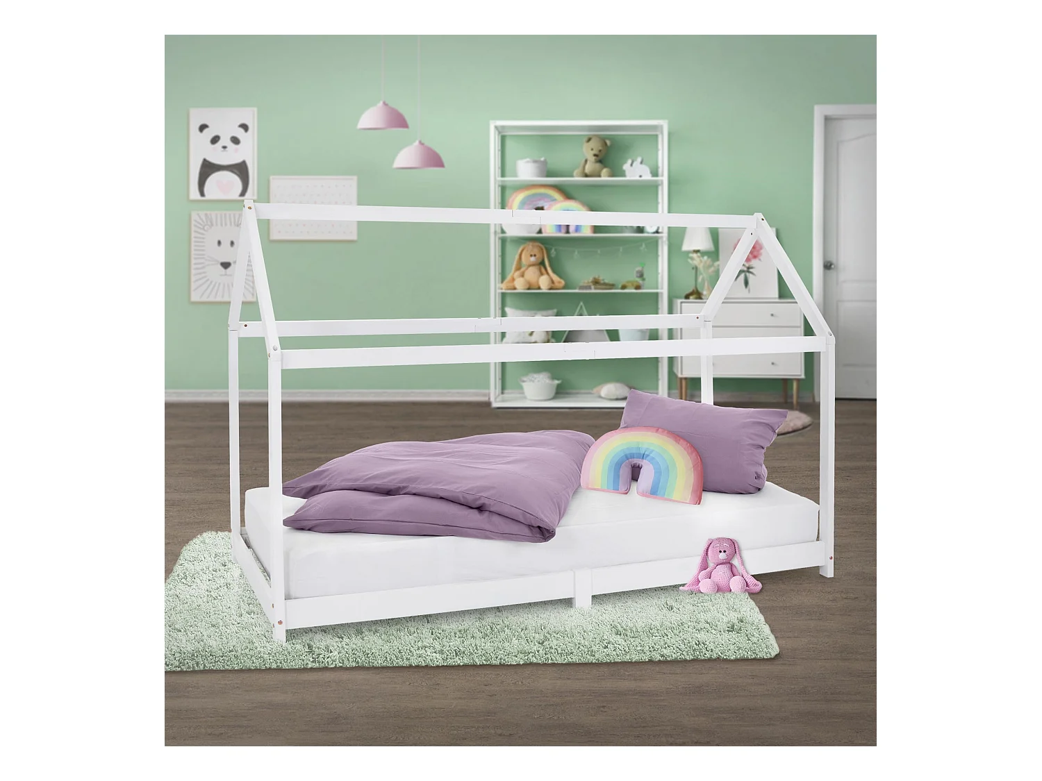 ML-Design Letto per bambini forma casa con tetto 90x 200 cm, letto Montessori in legno di pino massiccio bianco, casetta cameretta bimbi