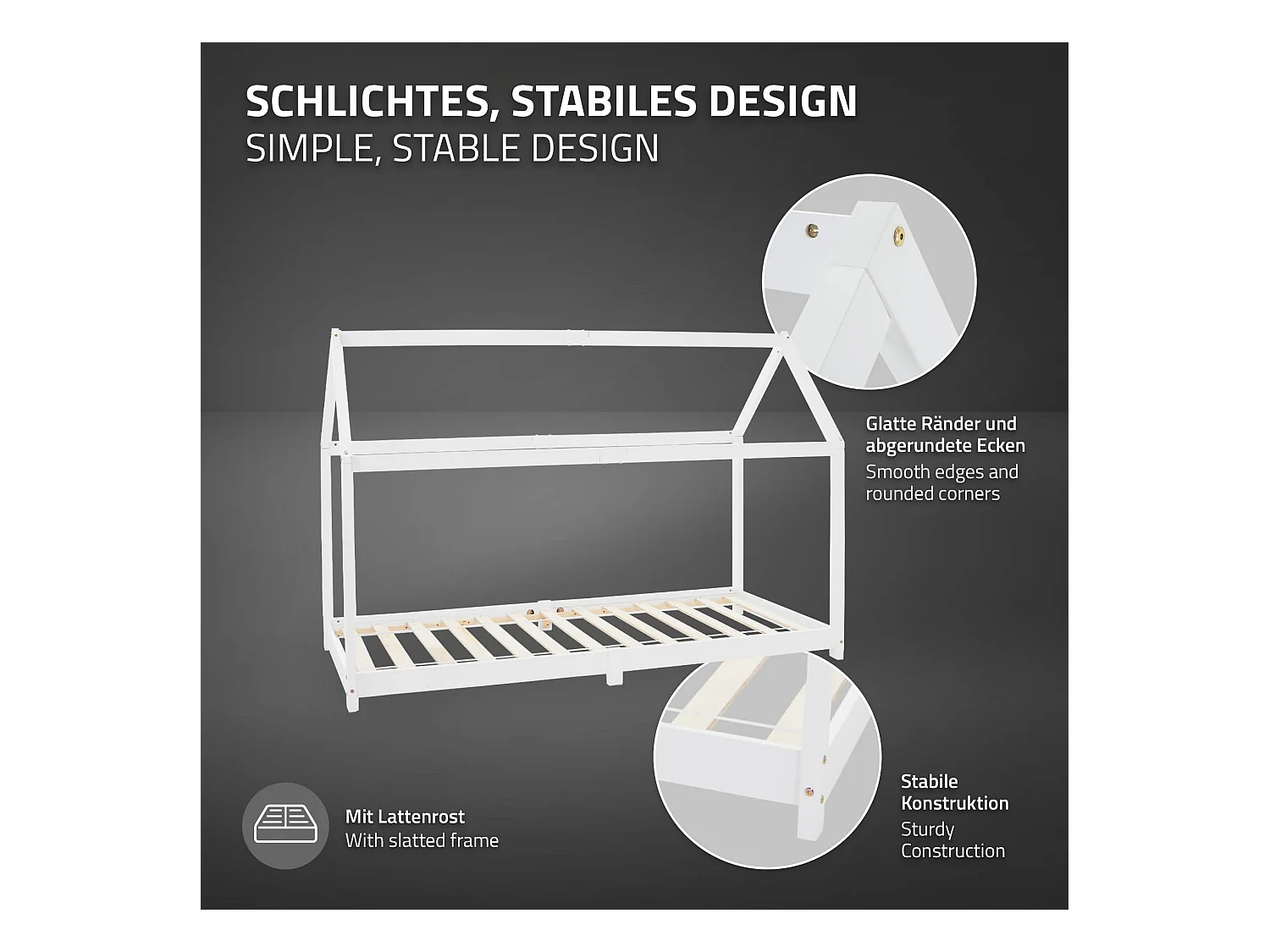 ML-Design Letto per bambini forma casa con tetto 90x 200 cm, letto Montessori in legno di pino massiccio bianco, casetta cameretta bimbi