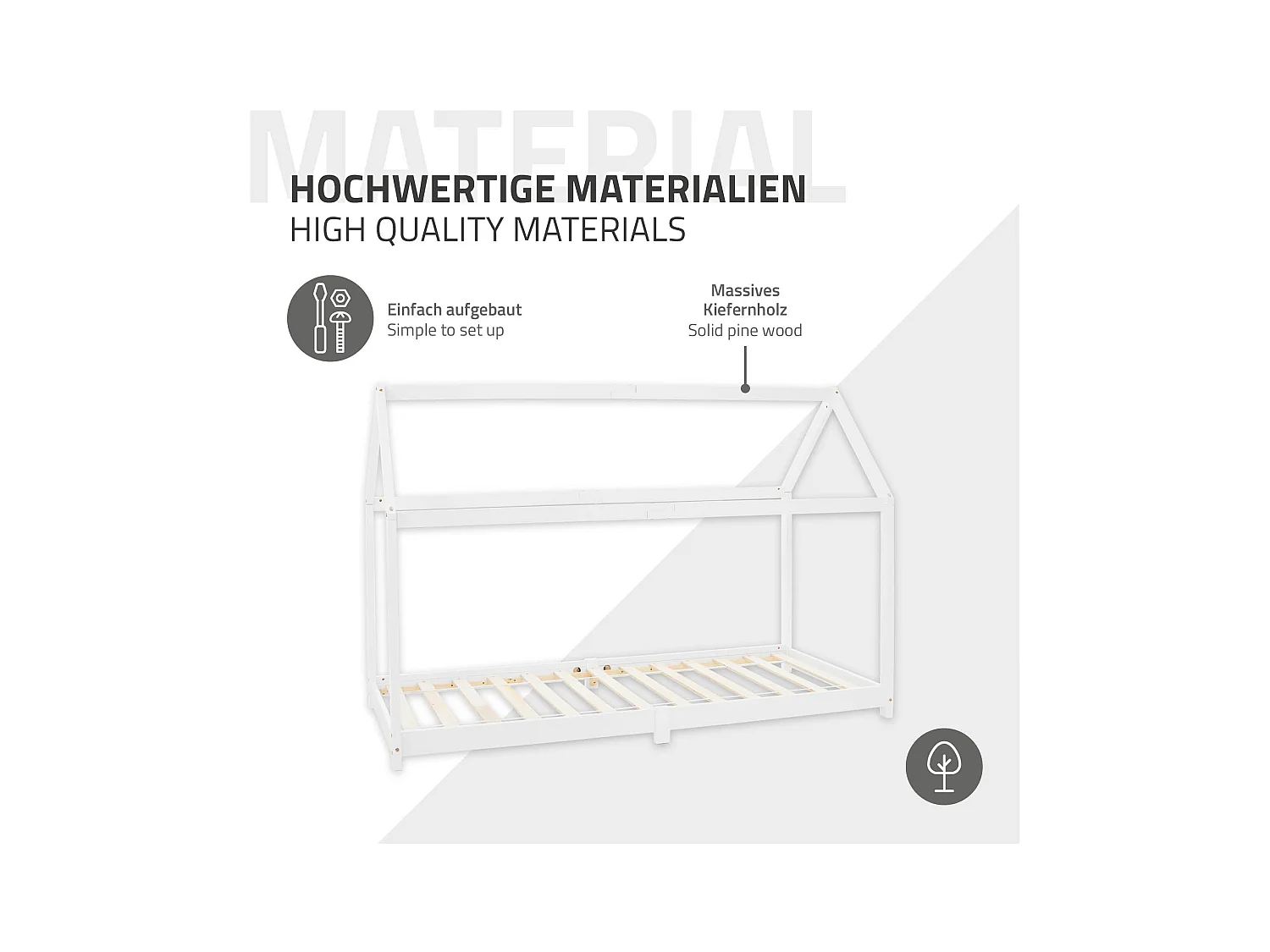 ML-Design Letto per bambini forma casa con tetto 90x 200 cm, letto Montessori in legno di pino massiccio bianco, casetta cameretta bimbi