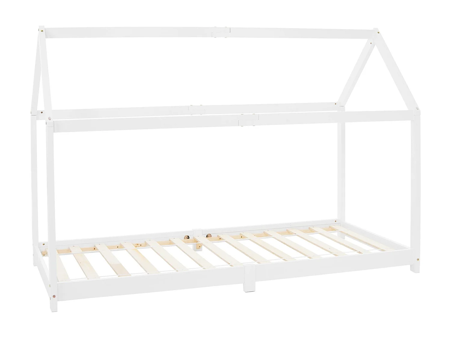 Lit d'enfants 90x200 cm blanc avec toit et sommier en bois de pin massif structure maison cabane stable robuste lit simple de jeu d`adolescents