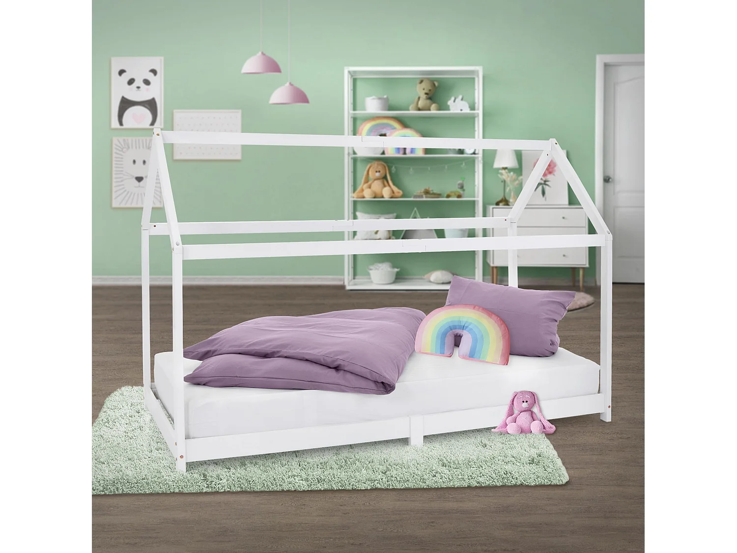 Lit d'enfants 90x200 cm blanc avec toit et sommier en bois de pin massif structure maison cabane stable robuste lit simple de jeu d`adolescents