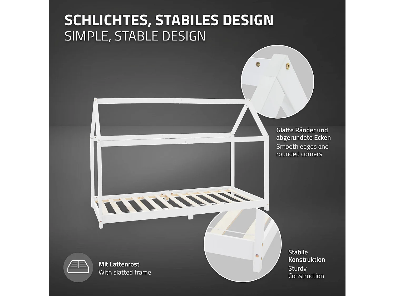 Lit d'enfants 90x200 cm blanc avec toit et sommier en bois de pin massif structure maison cabane stable robuste lit simple de jeu d`adolescents