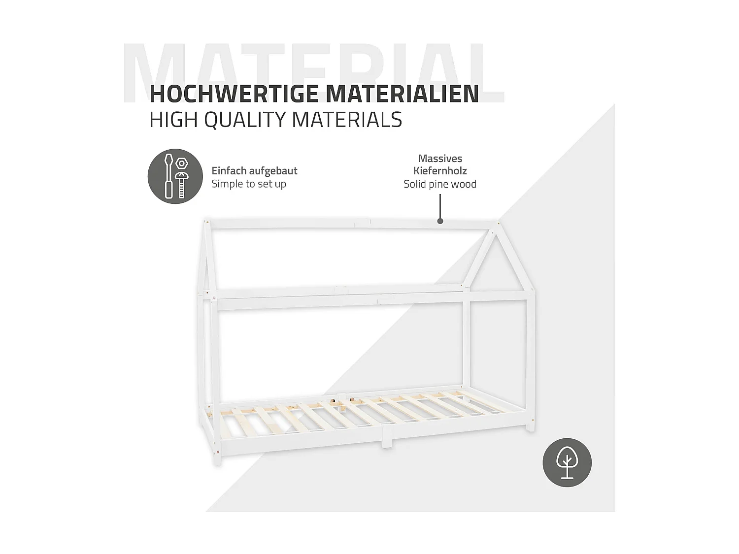 Lit d'enfants 90x200 cm blanc avec toit et sommier en bois de pin massif structure maison cabane stable robuste lit simple de jeu d`adolescents