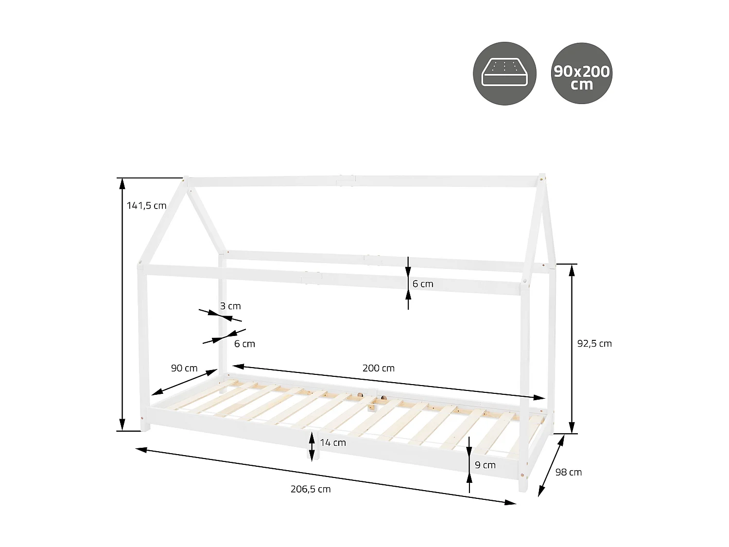Lit d'enfants 90x200 cm blanc avec toit et sommier en bois de pin massif structure maison cabane stable robuste lit simple de jeu d`adolescents