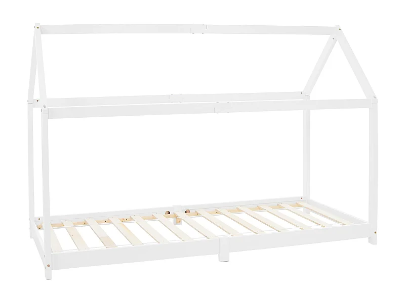 Lit d'enfants 90x200 cm blanc avec toit et sommier en bois de pin massif structure maison cabane stable robuste lit simple de jeu d`adolescents