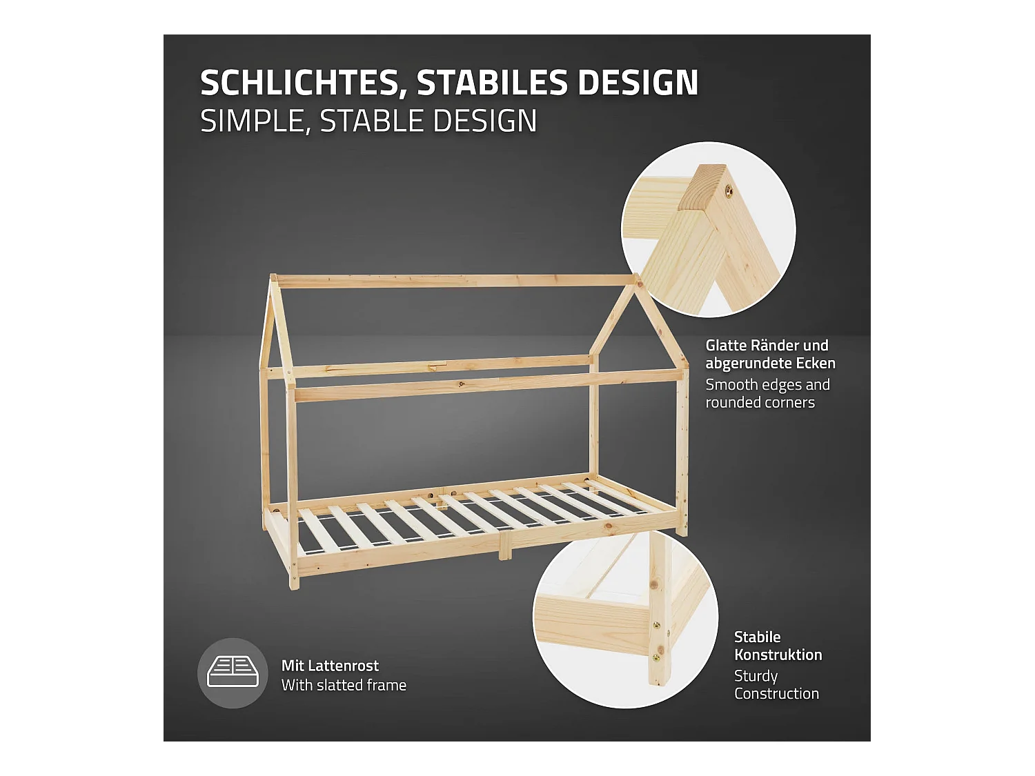 ML-Design Cama infantil 90x200cm color natural con listones de madera de pino maciza mobiliario forma de casa tienda de campaña para niños