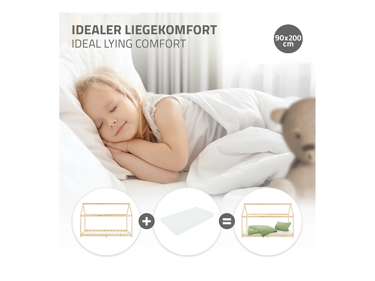 ML-Design Cama infantil 90x200cm color natural con listones de madera de pino maciza mobiliario forma de casa tienda de campaña para niños