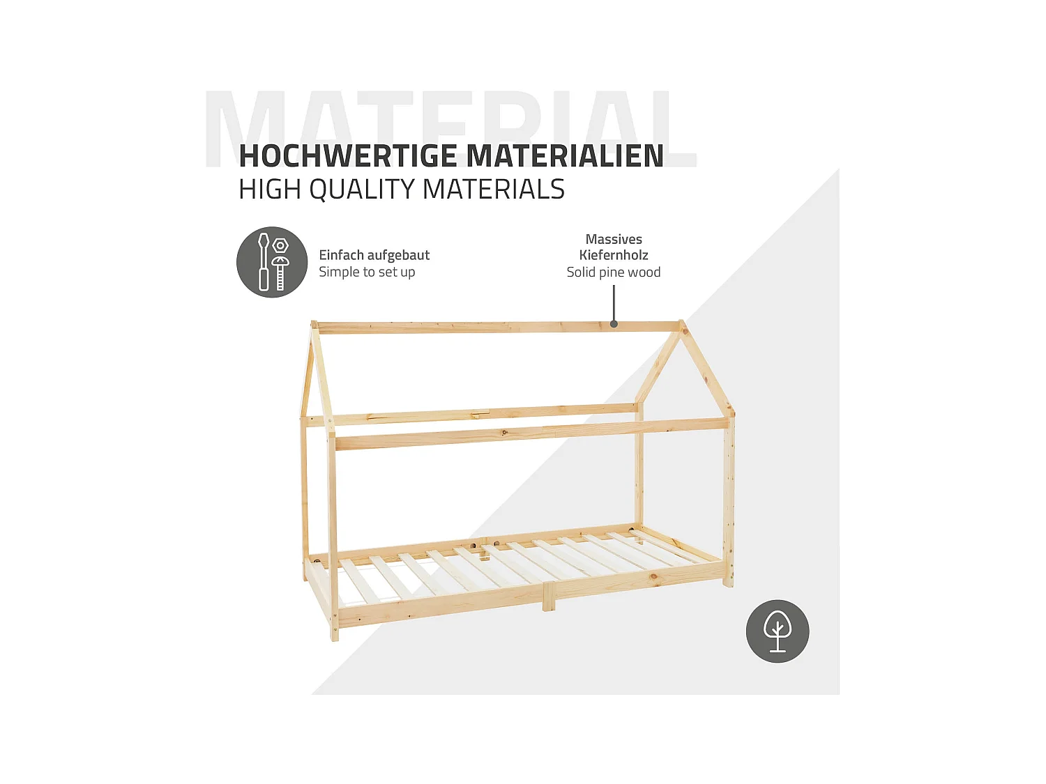 ML-Design Cama infantil 90x200cm color natural con listones de madera de pino maciza mobiliario forma de casa tienda de campaña para niños
