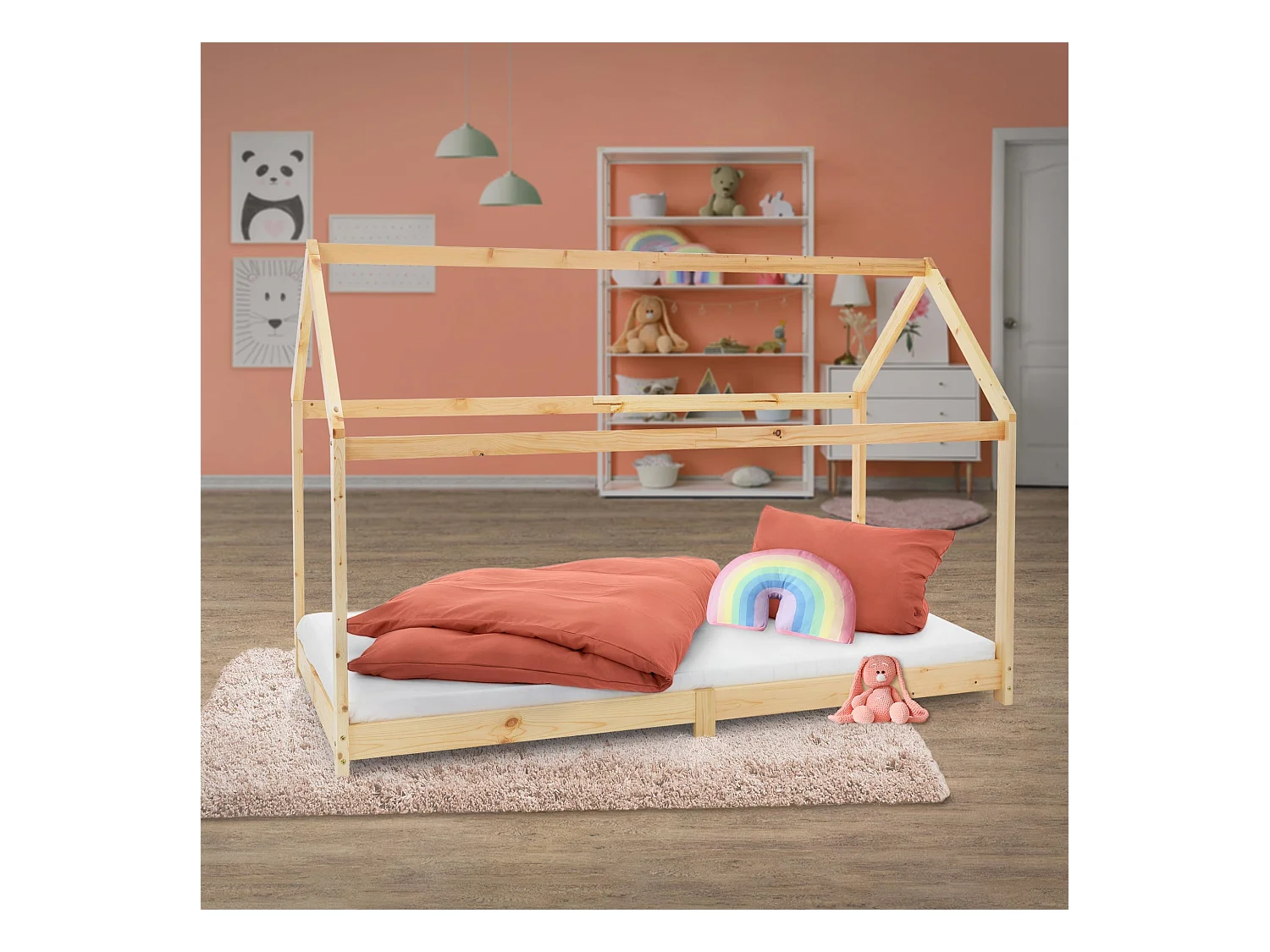 ML-Design Cama infantil 90x200cm color natural con listones de madera de pino maciza mobiliario forma de casa tienda de campaña para niños