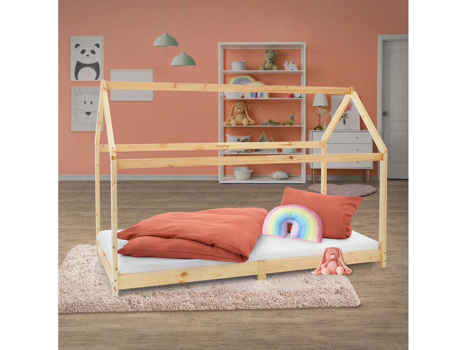 Lit d'enfants 90x200 cm naturel avec toit et sommier en bois de pin massif structure maison cabane stable robuste lit simple de jeu d`adolescents