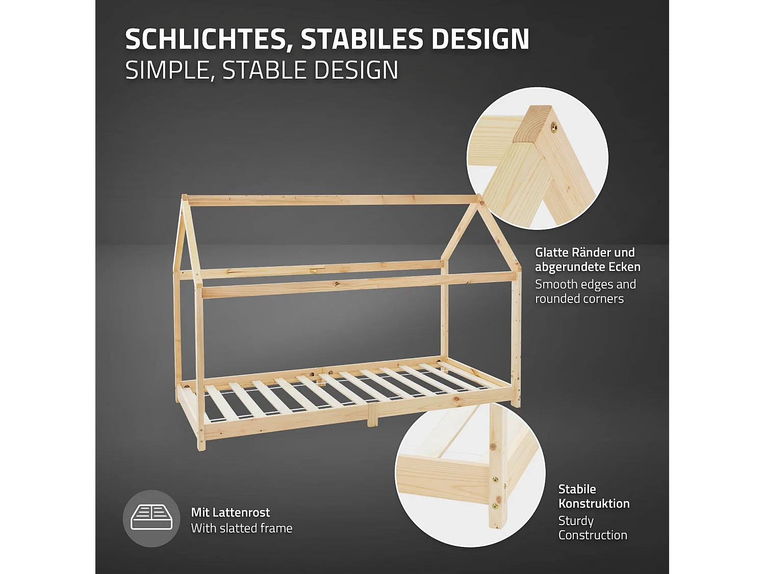 Lit d'enfants 90x200 cm naturel avec toit et sommier en bois de pin massif structure maison cabane stable robuste lit simple de jeu d`adolescents