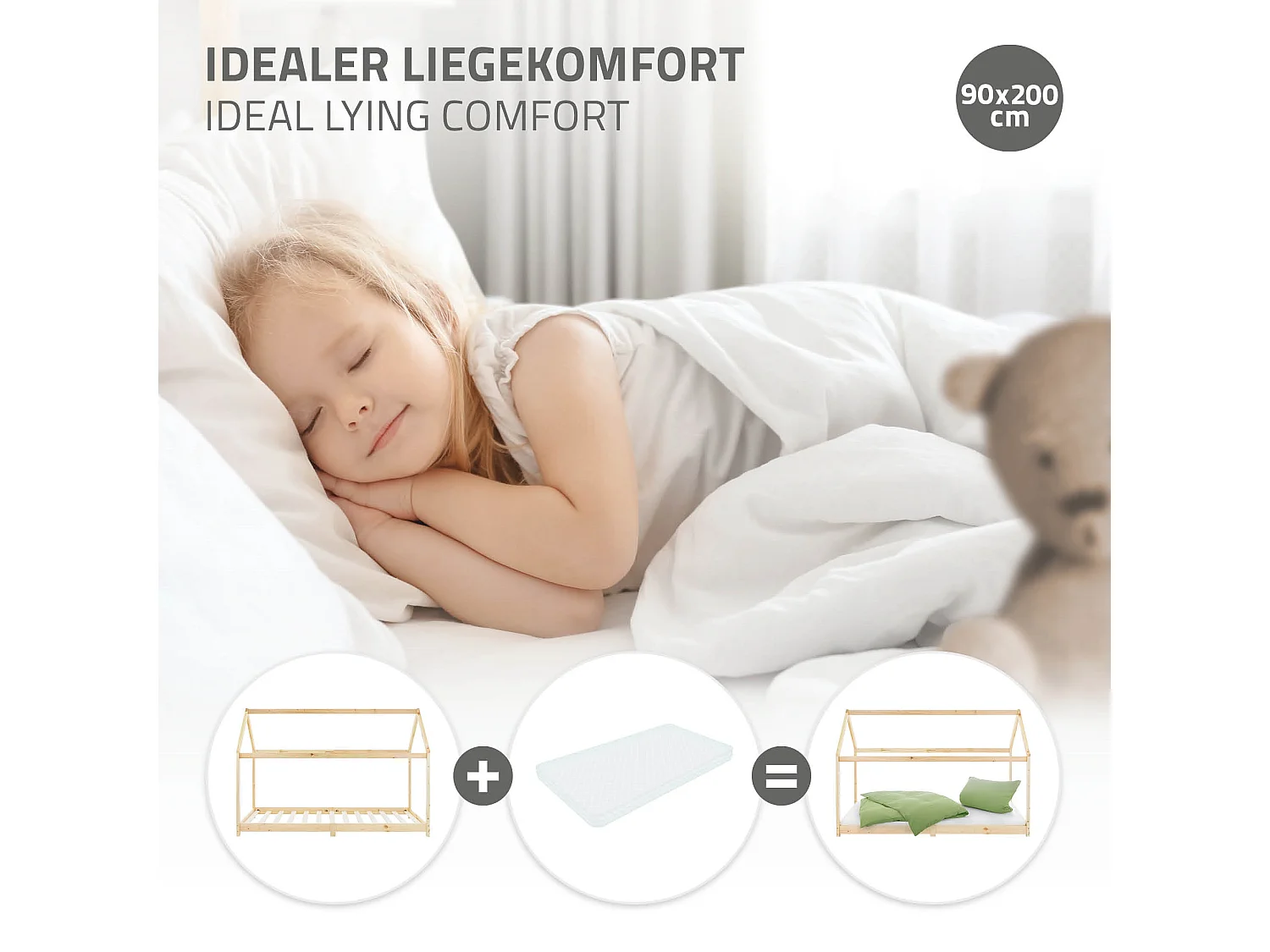 Lit d'enfants 90x200 cm naturel avec toit et sommier en bois de pin massif structure maison cabane stable robuste lit simple de jeu d`adolescents