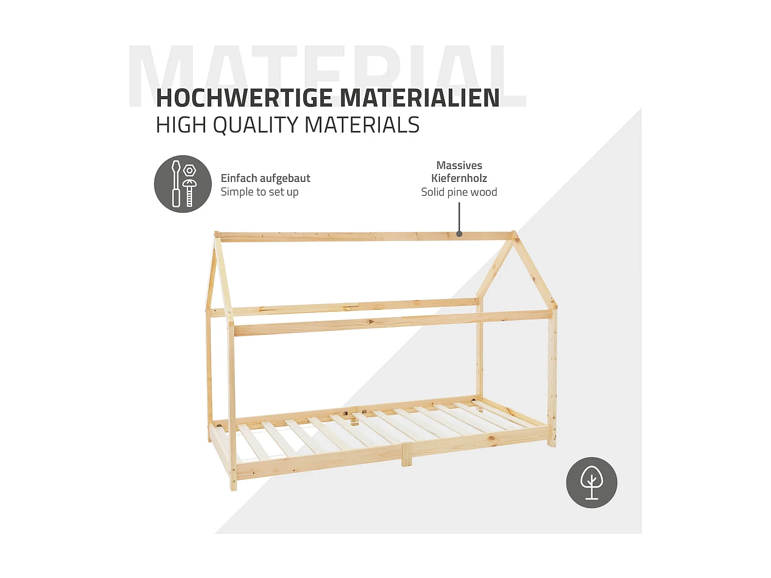 Lit d'enfants 90x200 cm naturel avec toit et sommier en bois de pin massif structure maison cabane stable robuste lit simple de jeu d`adolescents