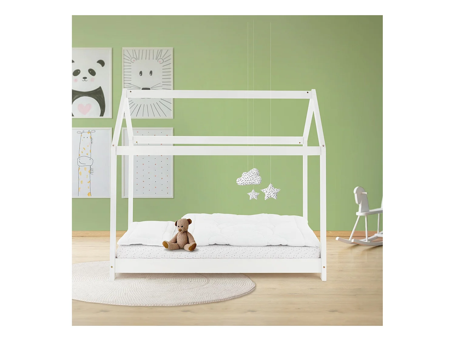 ML-Design Cama infantil 80x160cm color blanco con listones de madera de pino maciza mobiliario forma de casa tienda de campaña para niños
