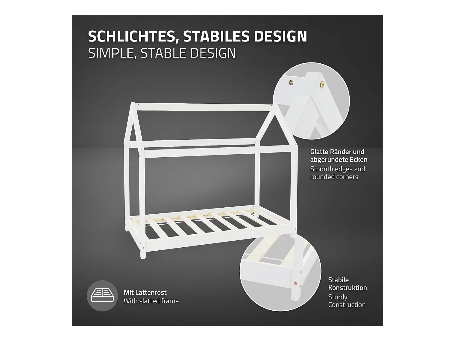 ML-Design Cama infantil 80x160cm color blanco con listones de madera de pino maciza mobiliario forma de casa tienda de campaña para niños