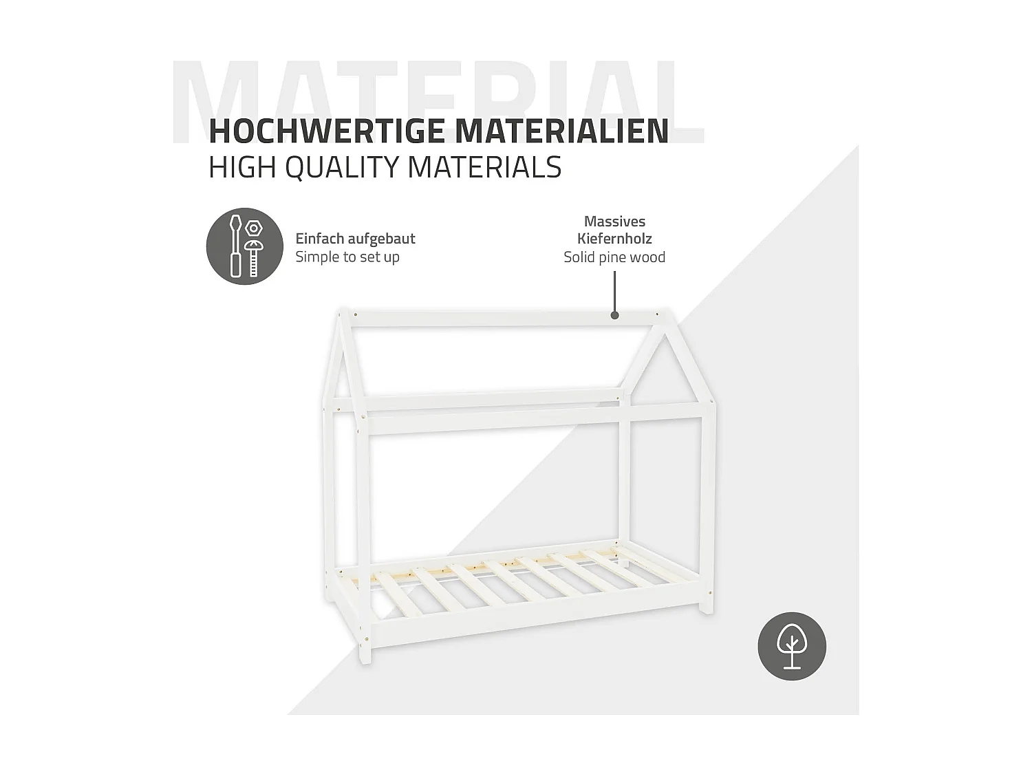 ML-Design Cama infantil 80x160cm color blanco con listones de madera de pino maciza mobiliario forma de casa tienda de campaña para niños