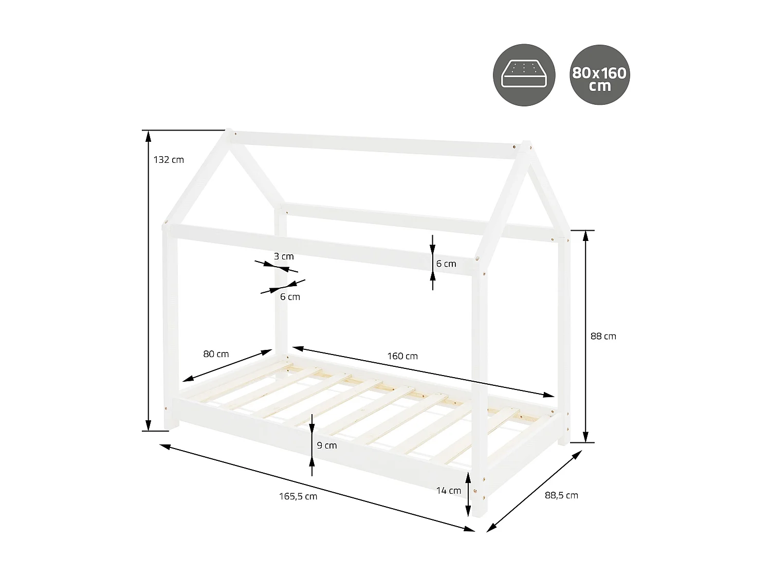 ML-Design Cama infantil 80x160cm color blanco con listones de madera de pino maciza mobiliario forma de casa tienda de campaña para niños