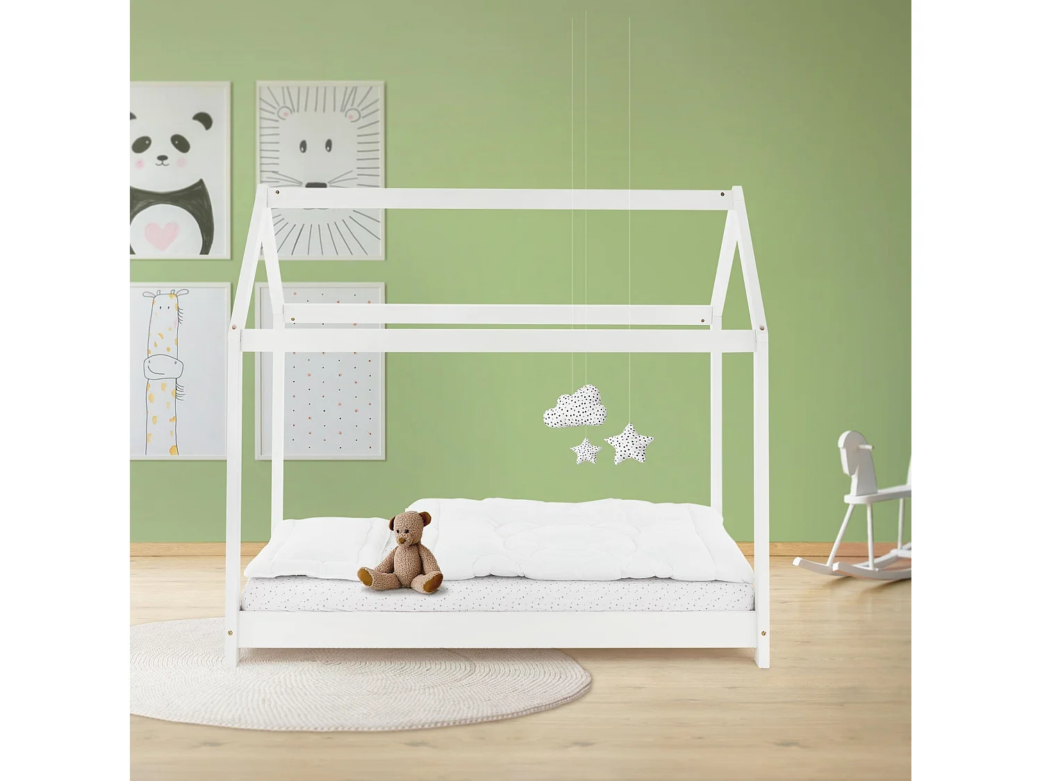 ML-Design Cama infantil 80x160cm color blanco con listones de madera de pino maciza mobiliario forma de casa tienda de campaña para niños