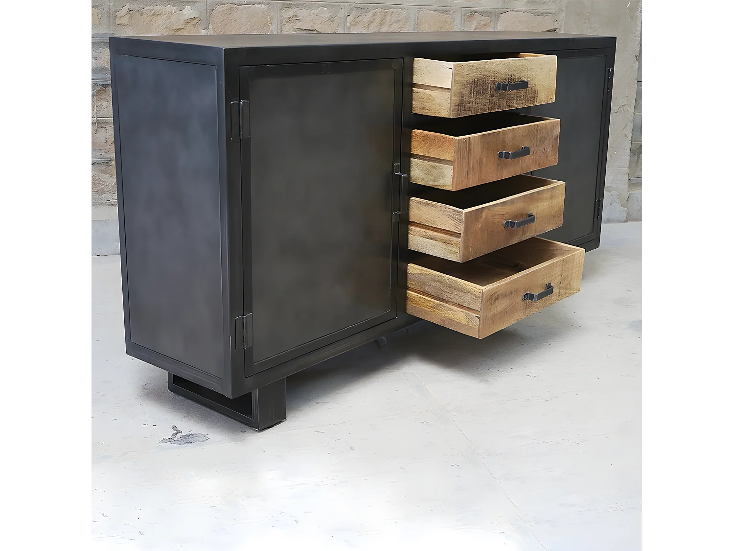 Buffet métal et bois Jodhpur 2 portes 4 tiroirs - Gris