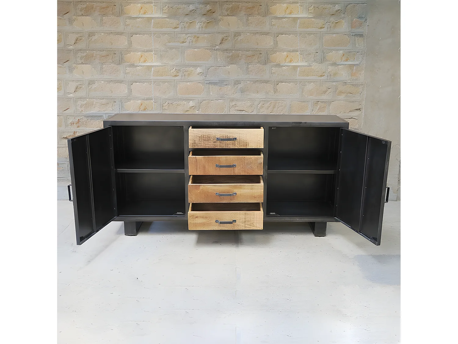 Buffet métal et bois Jodhpur 2 portes 4 tiroirs - Gris