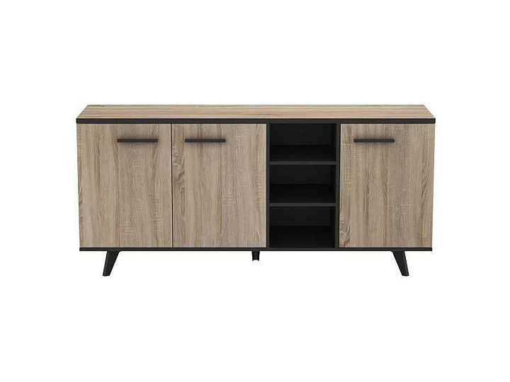 Zeitgenössisches niedriges Sideboard aus gebürsteter Eiche und mattschwarz, 161 cm