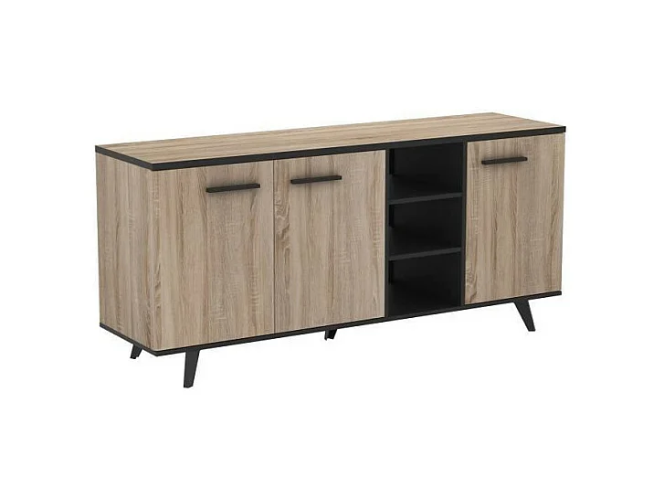 Zeitgenössisches niedriges Sideboard aus gebürsteter Eiche und mattschwarz, 161 cm