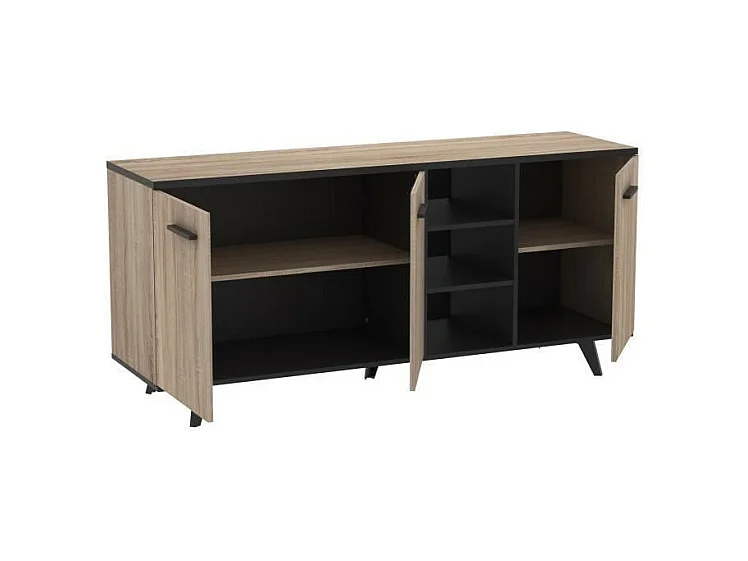 Zeitgenössisches niedriges Sideboard aus gebürsteter Eiche und mattschwarz, 161 cm