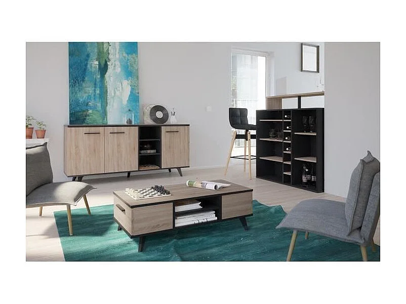 WAYNE Buffet bas contemporain decor chene brosse et noir mat - L 160,7 cm