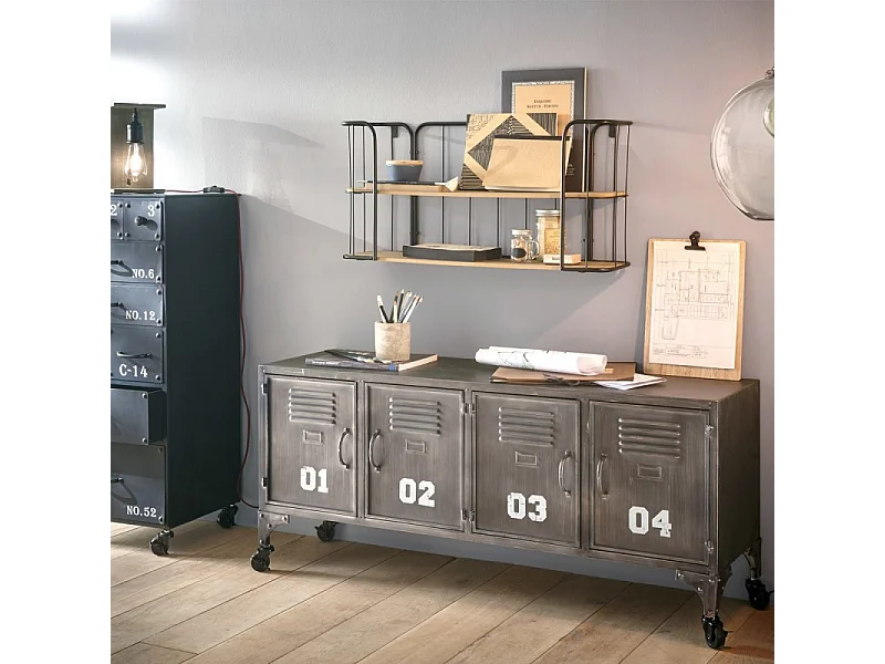 Meuble Bas Industrielle 4 Portes "Casiers" 119cm Noir