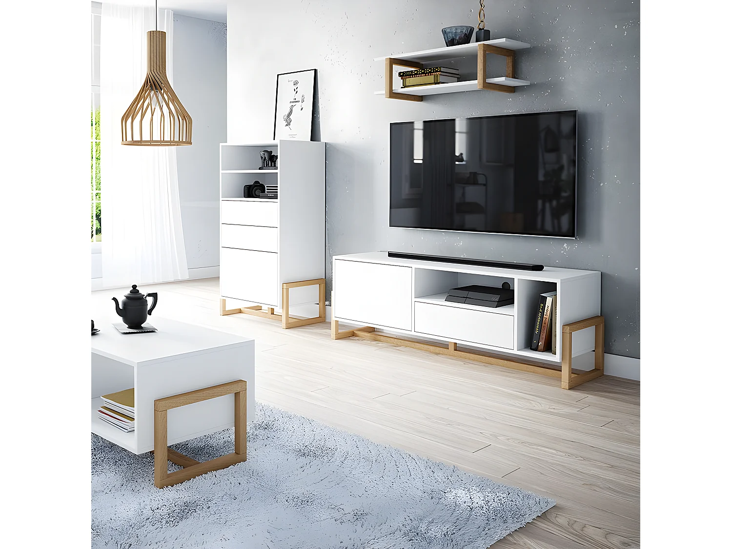 Buffet haut 2 tiroirs 1 porte Oslo blanc