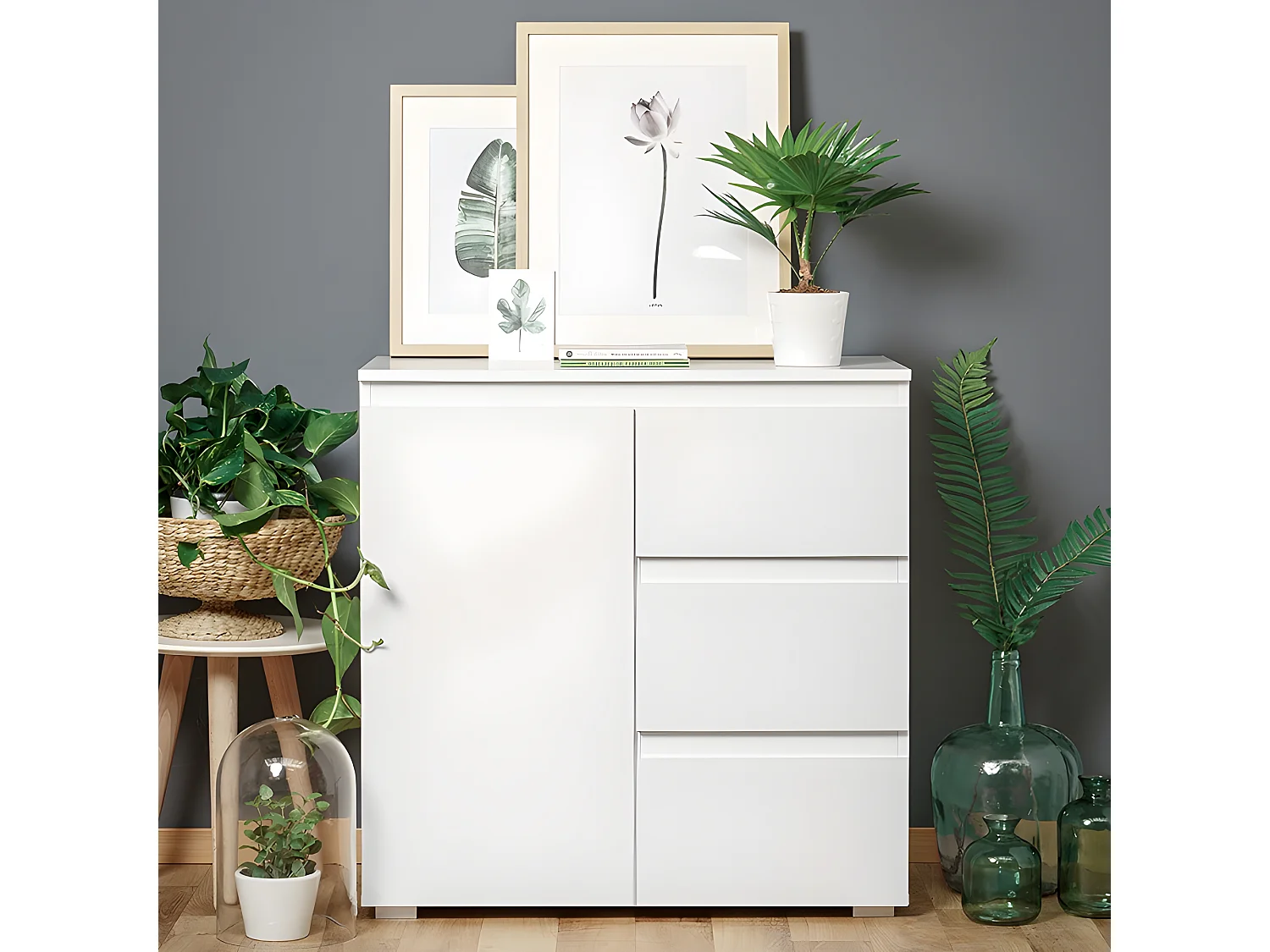 Meuble de rangement 1 porte 3 tiroirs blanc