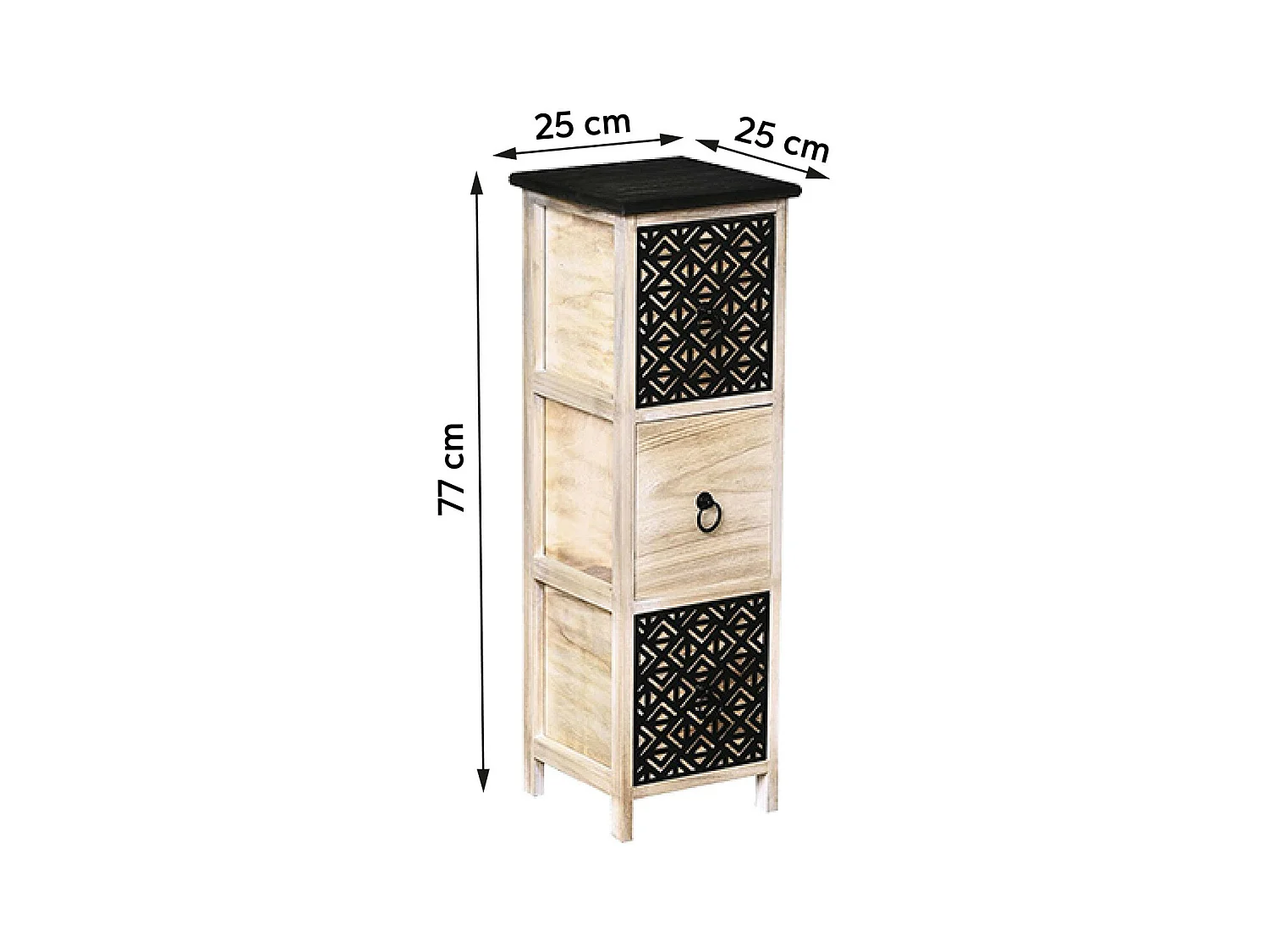 Meuble de rangement en Bois naturel et Noir avec 3 Tiroirs H 82 cm