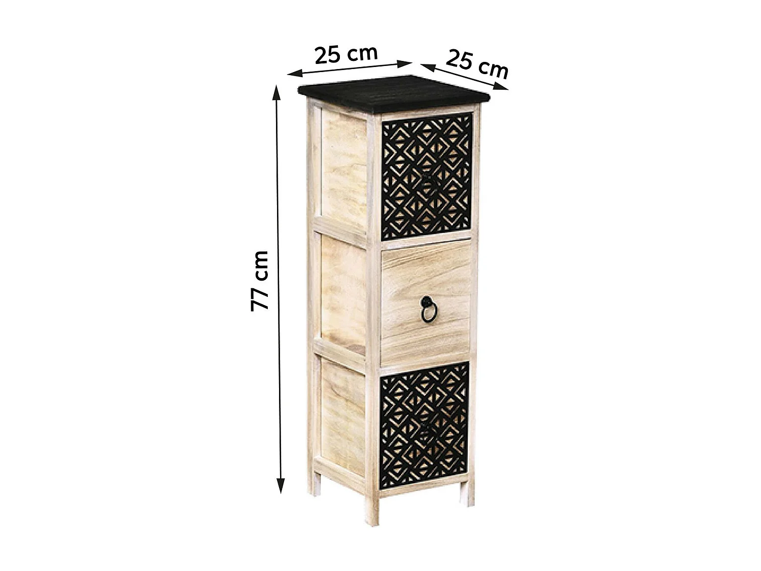 Meuble de rangement en Bois naturel et Noir avec 3 Tiroirs H 82 cm