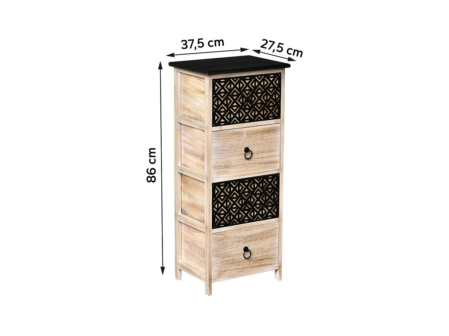 Meuble de rangement en Bois naturel et Noir avec 4 Tiroirs  H 86 cm