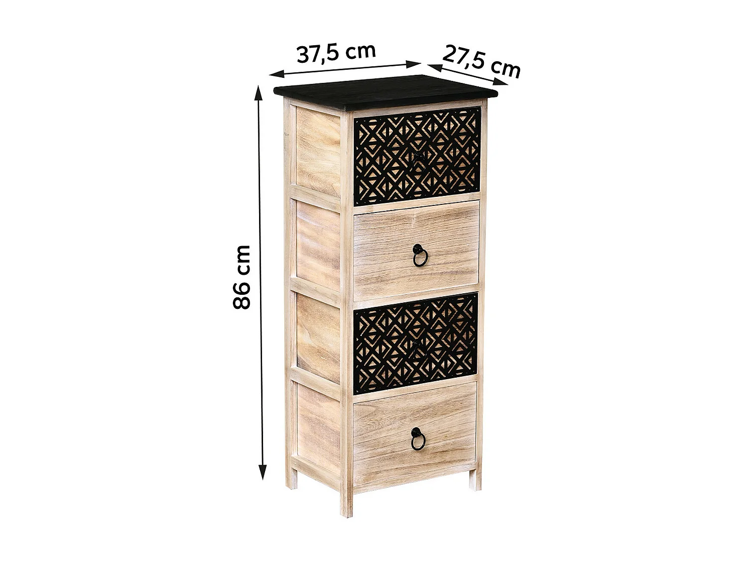 Meuble de rangement en Bois naturel et Noir avec 4 Tiroirs  H 86 cm