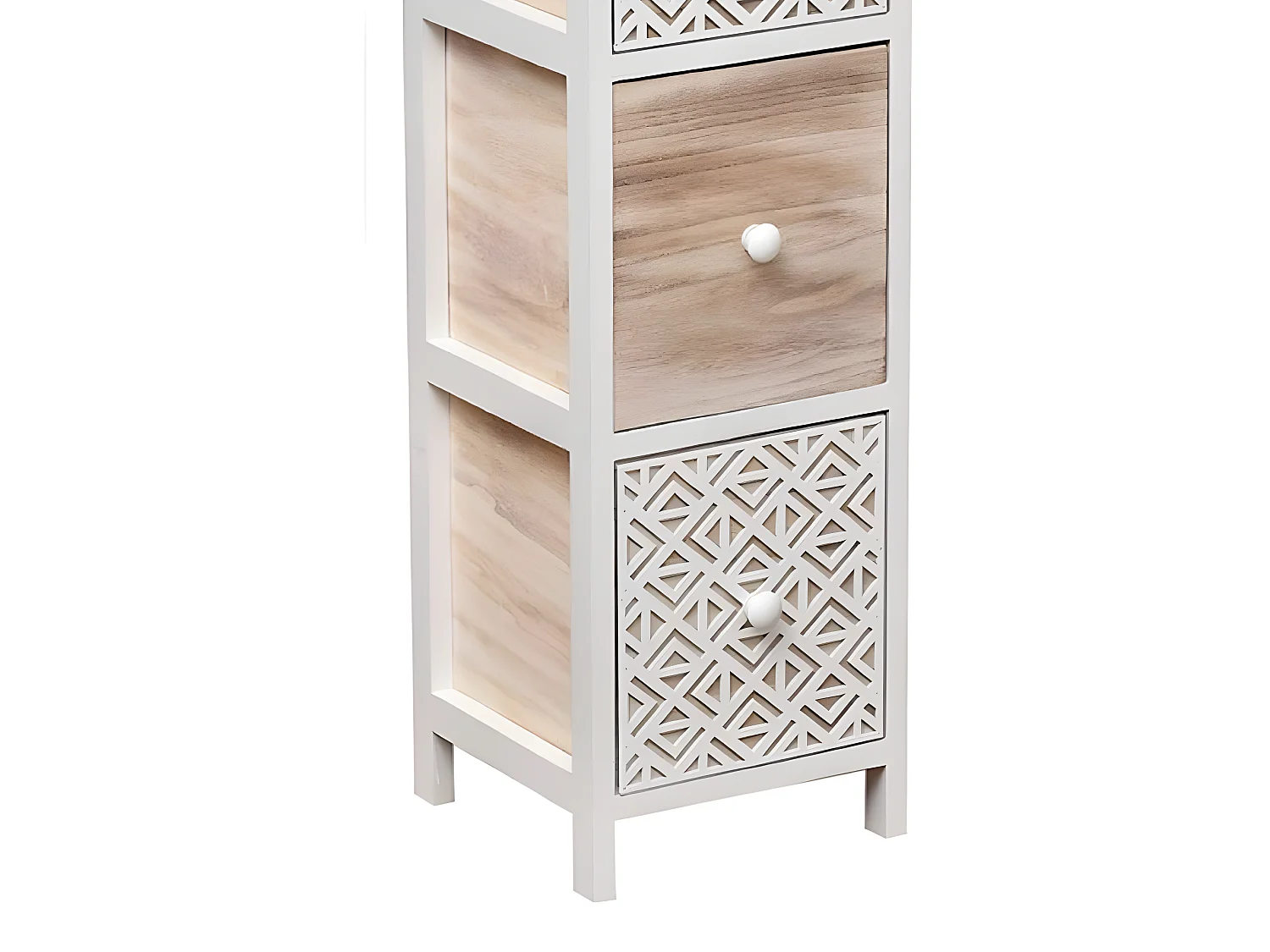 Meuble carré 3 tiroirs Séri bois blanc et décor