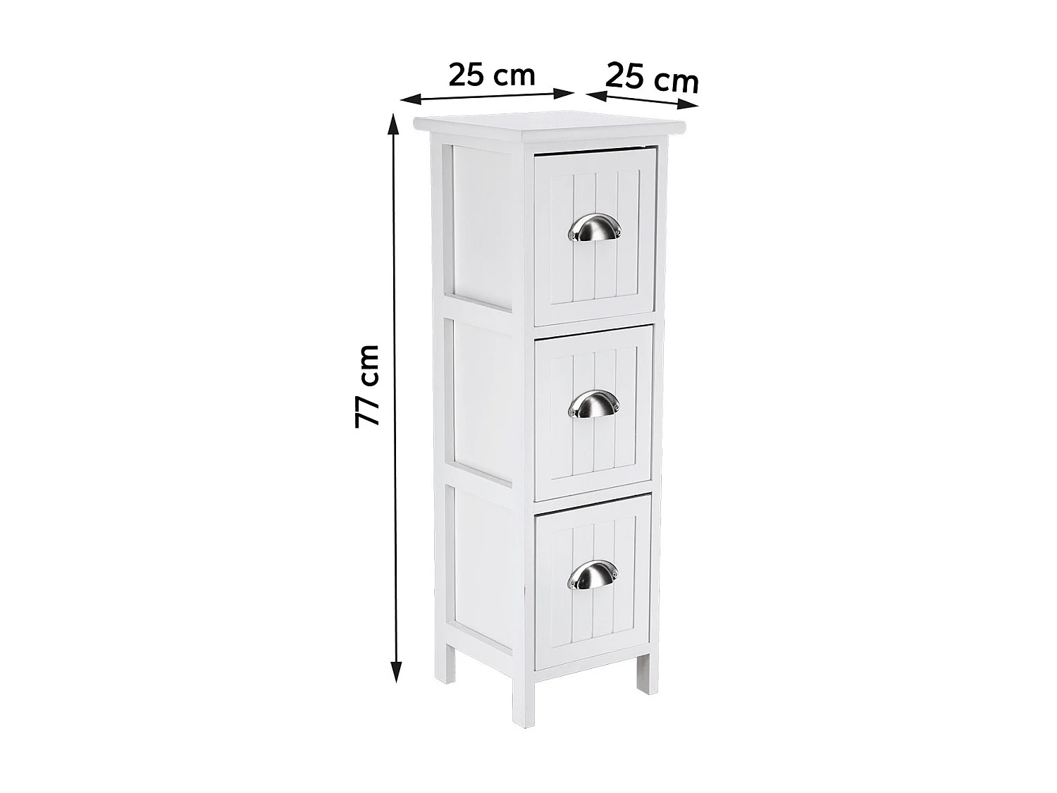 Meuble de rangement en Bois Blanc avec 3 Tiroirs poignées en métal H 77 cm