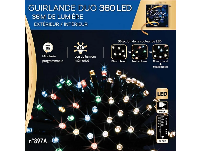 Guirlande extérieur Noël 360 LED multicolores/blanc chaud programmable