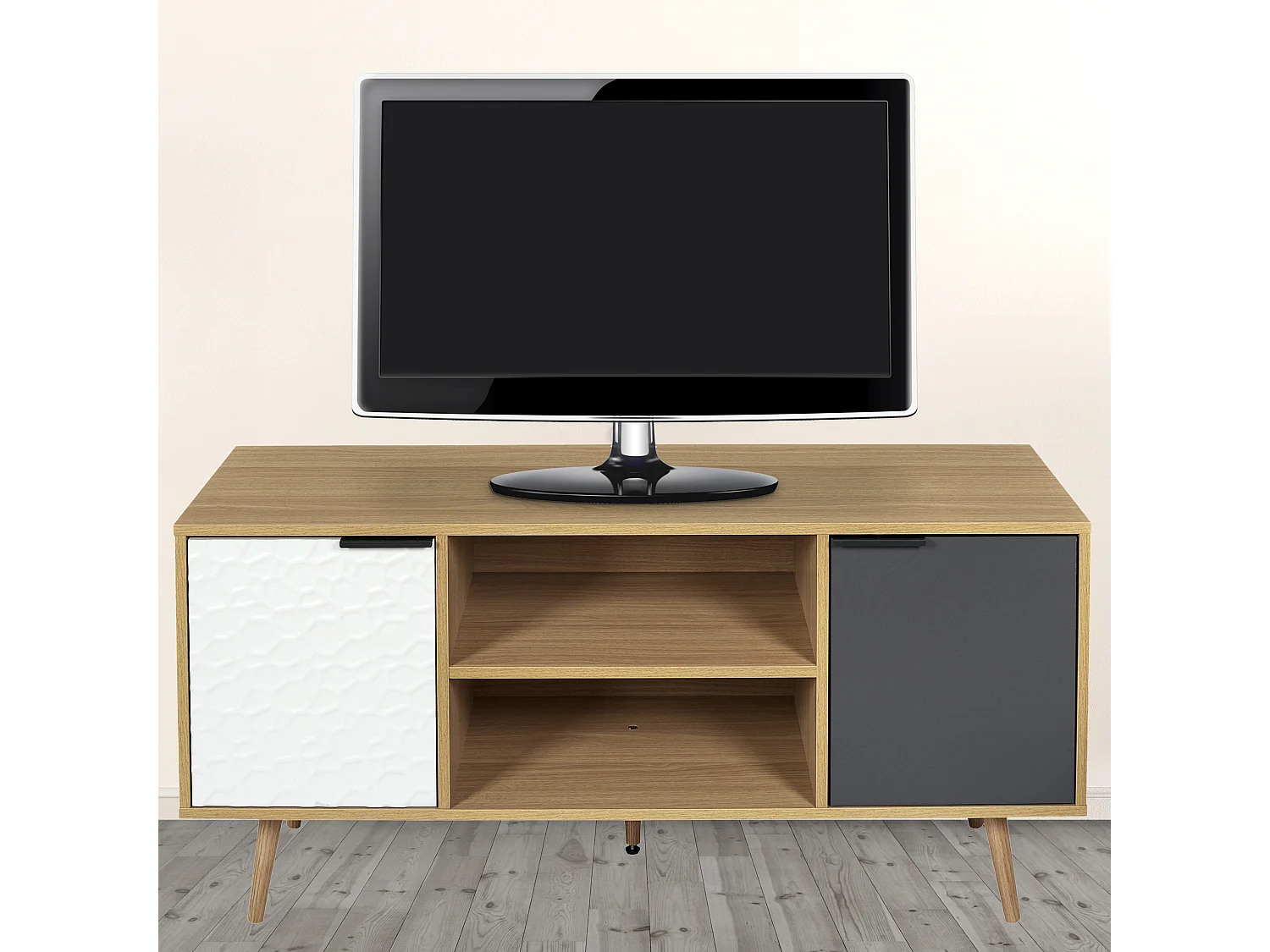 Meuble Tv Sven 2 Portes Blanc, Gris, Marron