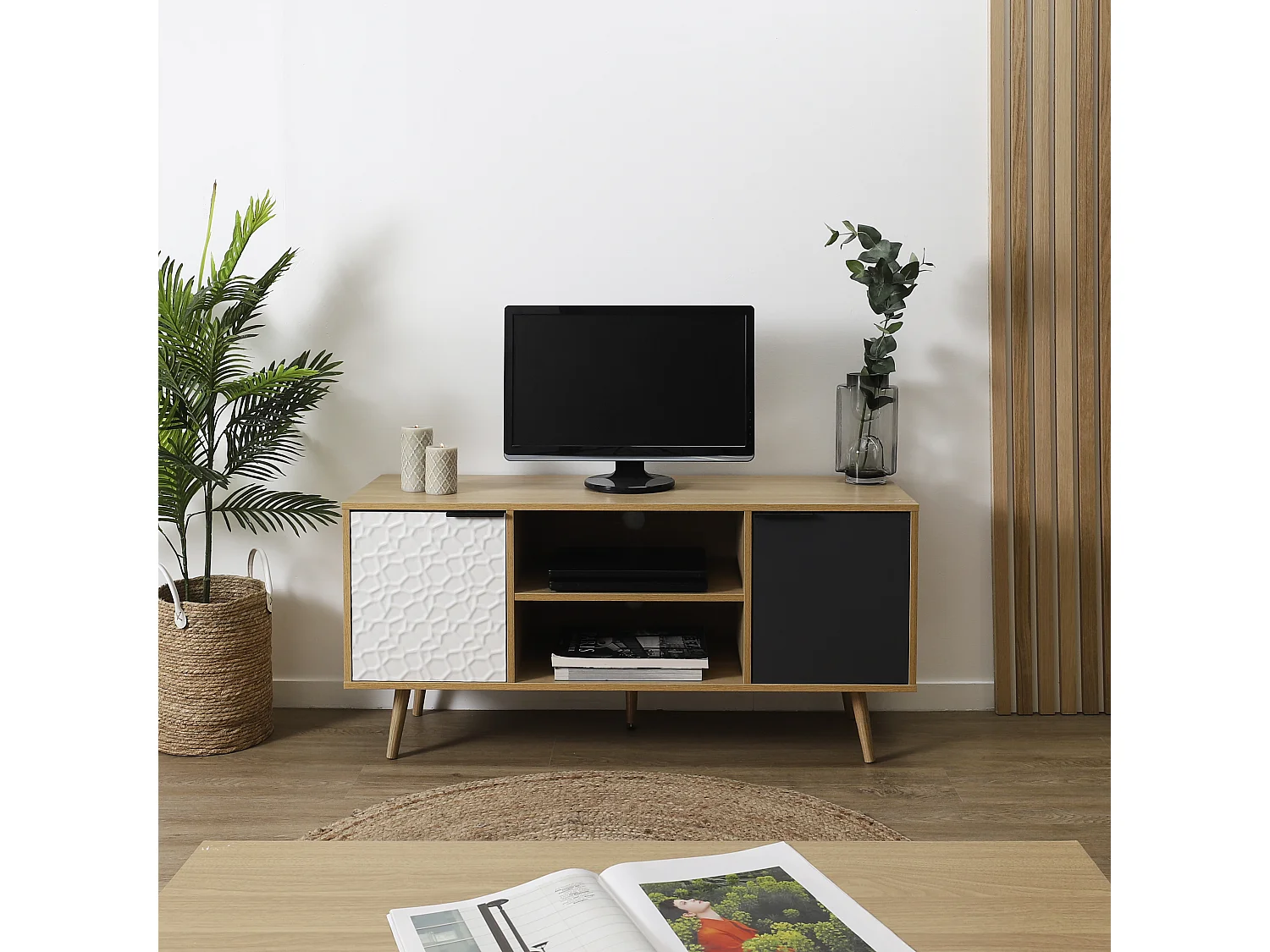 Meuble Tv Sven 2 Portes Blanc, Gris, Marron