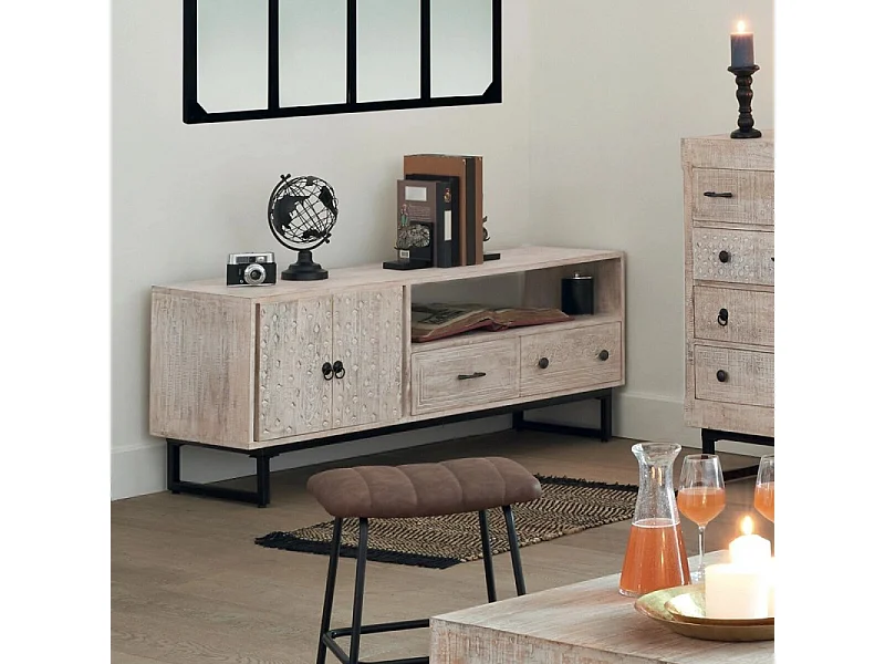 Meuble TV 2 Portes & 2 Tiroirs "Ajay" 140cm Beige