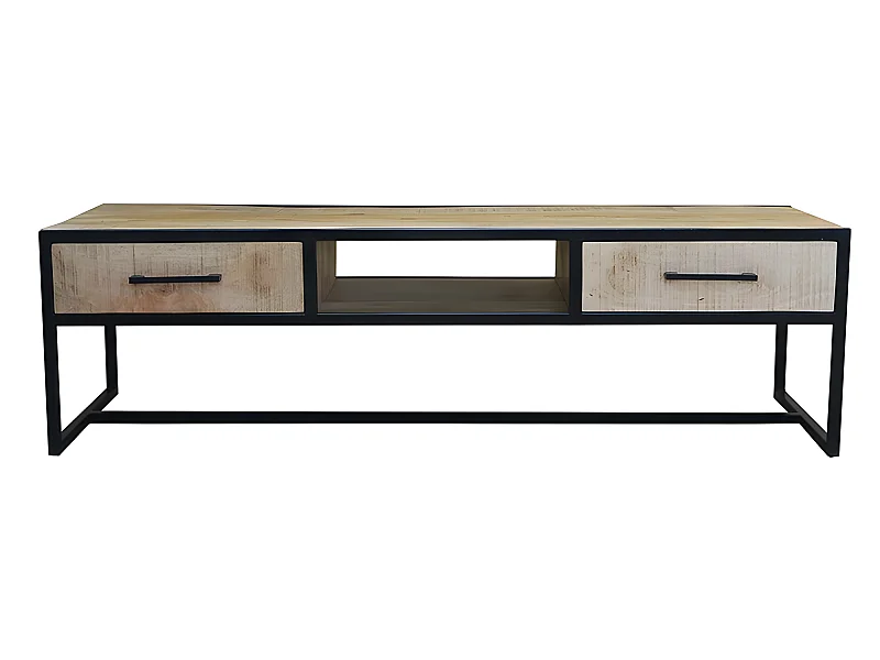 Meuble TV 2 tiroirs 1 niche bois de manguier et métal