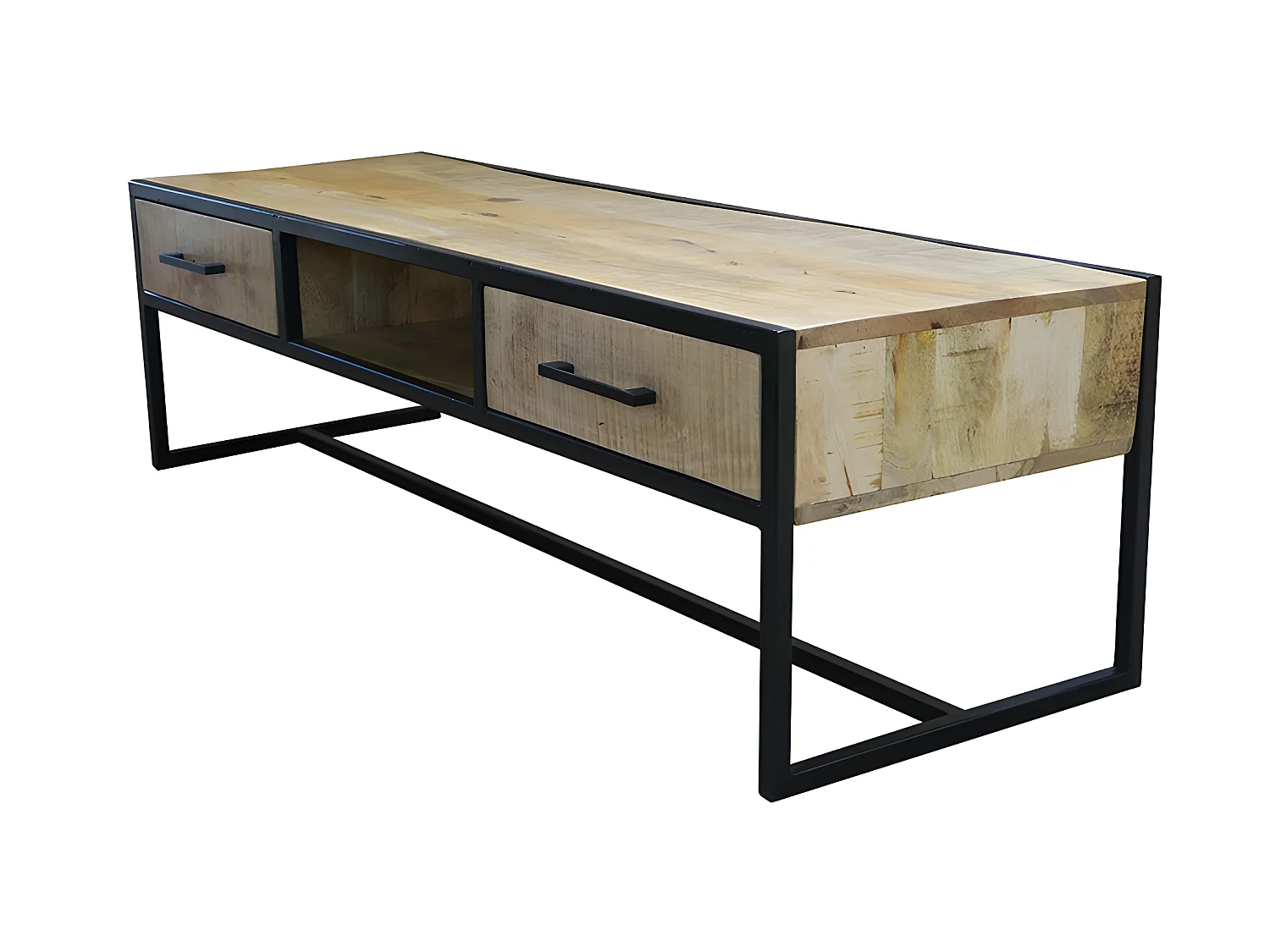 Meuble TV 2 tiroirs 1 niche bois de manguier et métal