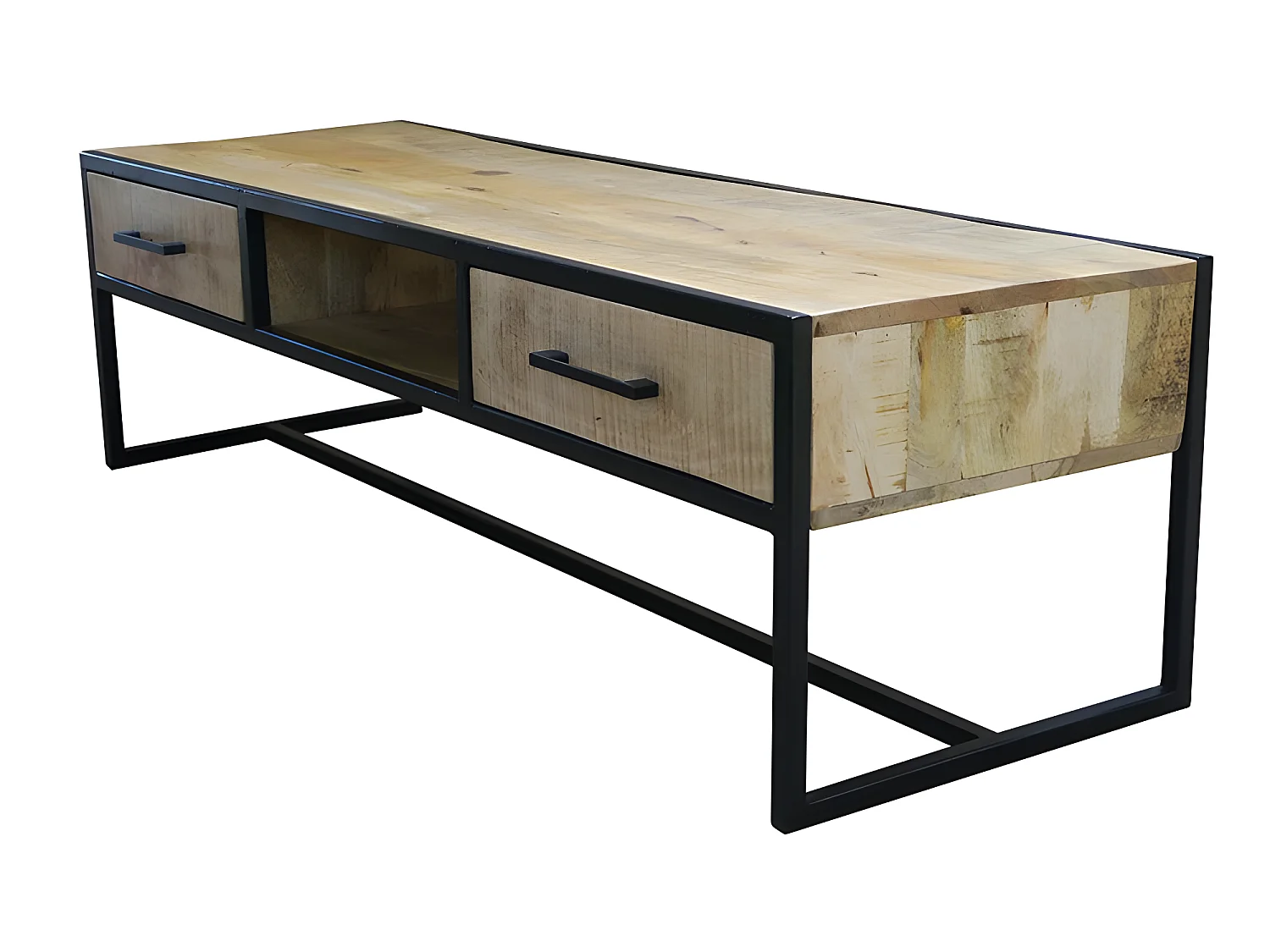 Meuble TV 2 tiroirs 1 niche bois de manguier et métal