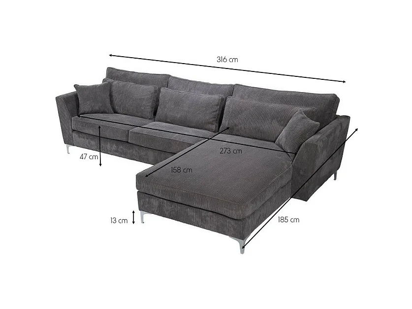 Canapé angle droit Isla velours côtelé gris