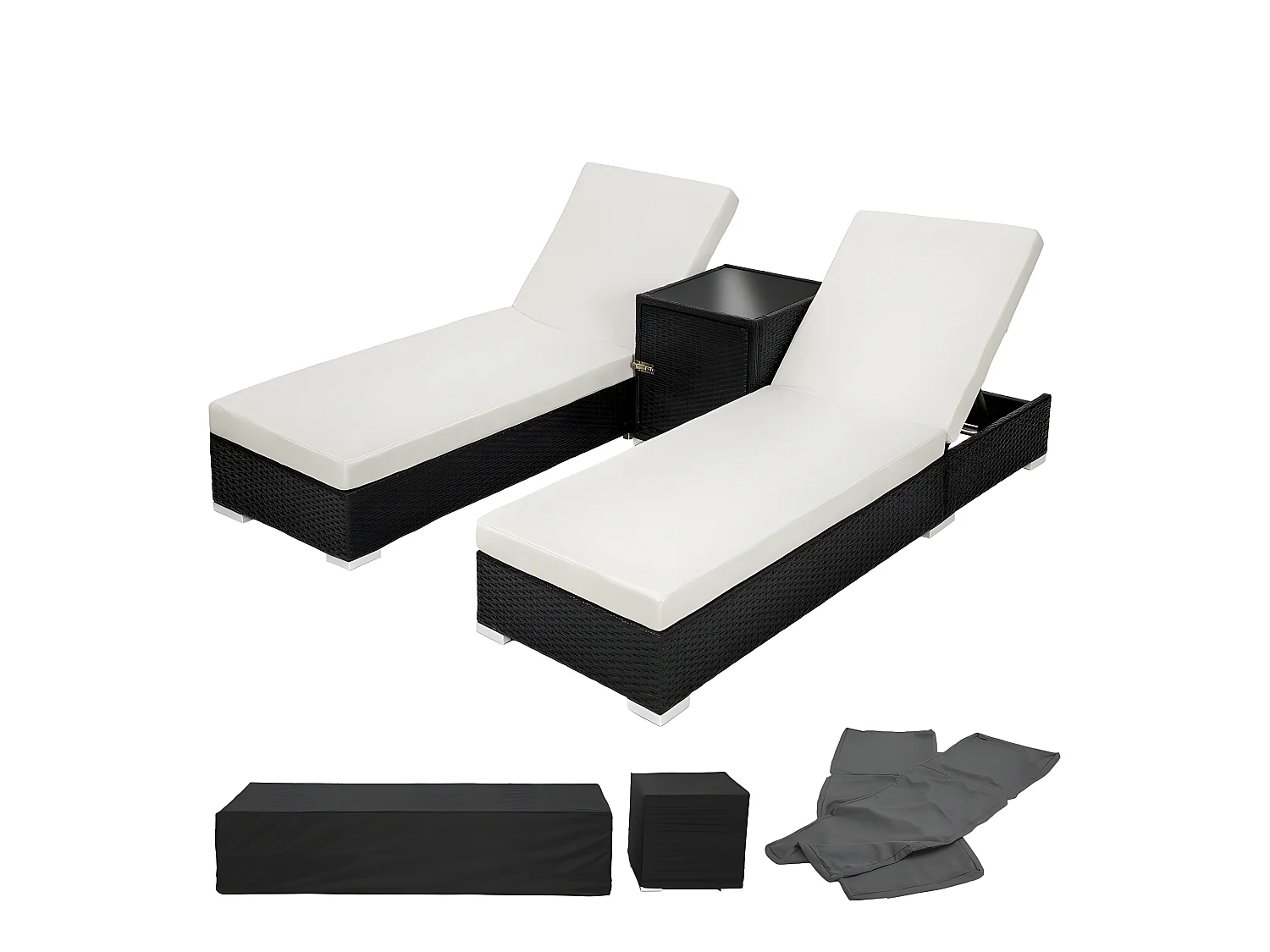 Set di due lettini prendisole in resina polyrattan intrecciata nera + tavolo + due set di coperture + copertura protettiva 08_0000505