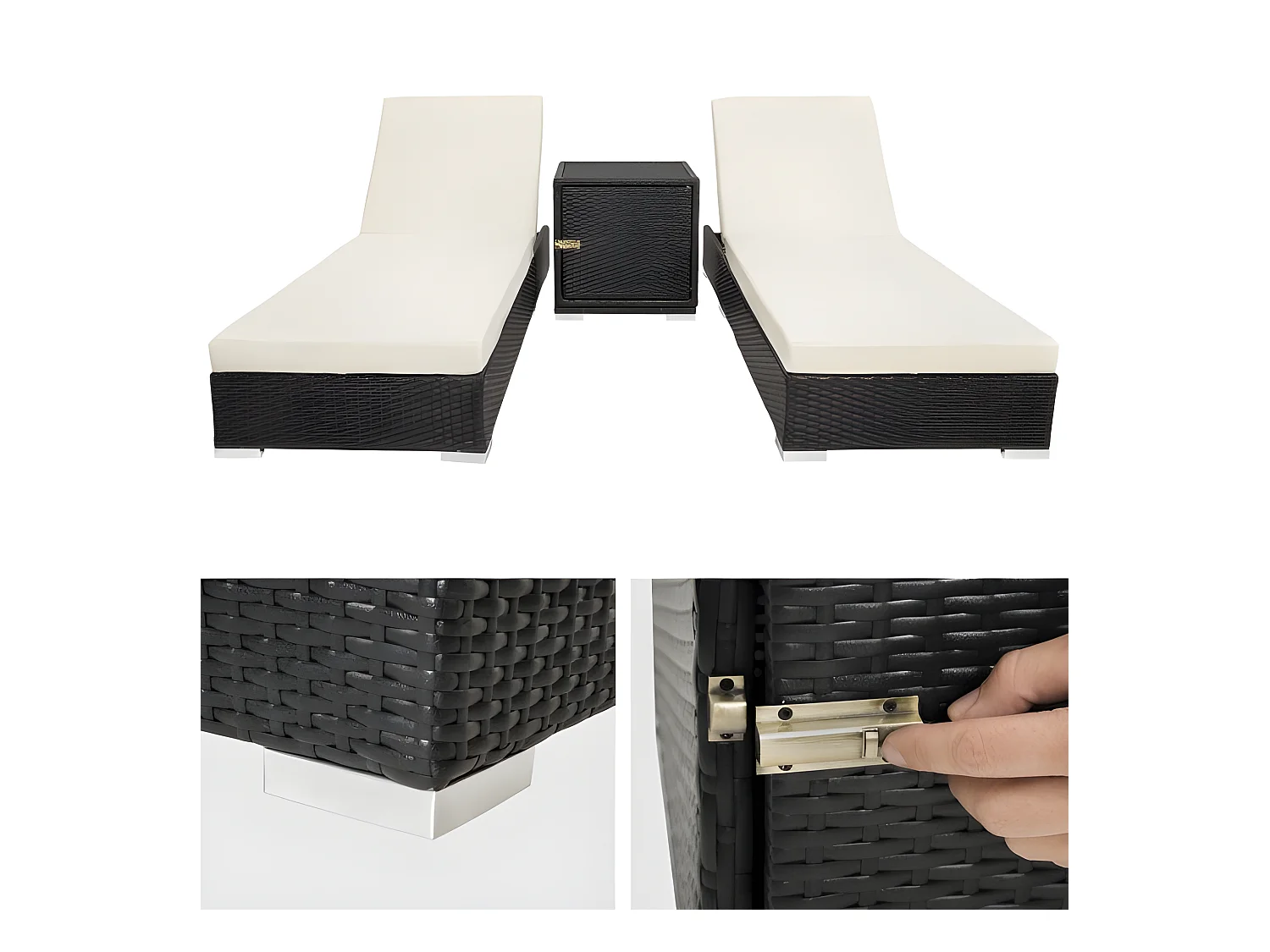 Set di due lettini prendisole in resina polyrattan intrecciata nera + tavolo + due set di coperture + copertura protettiva 08_0000505