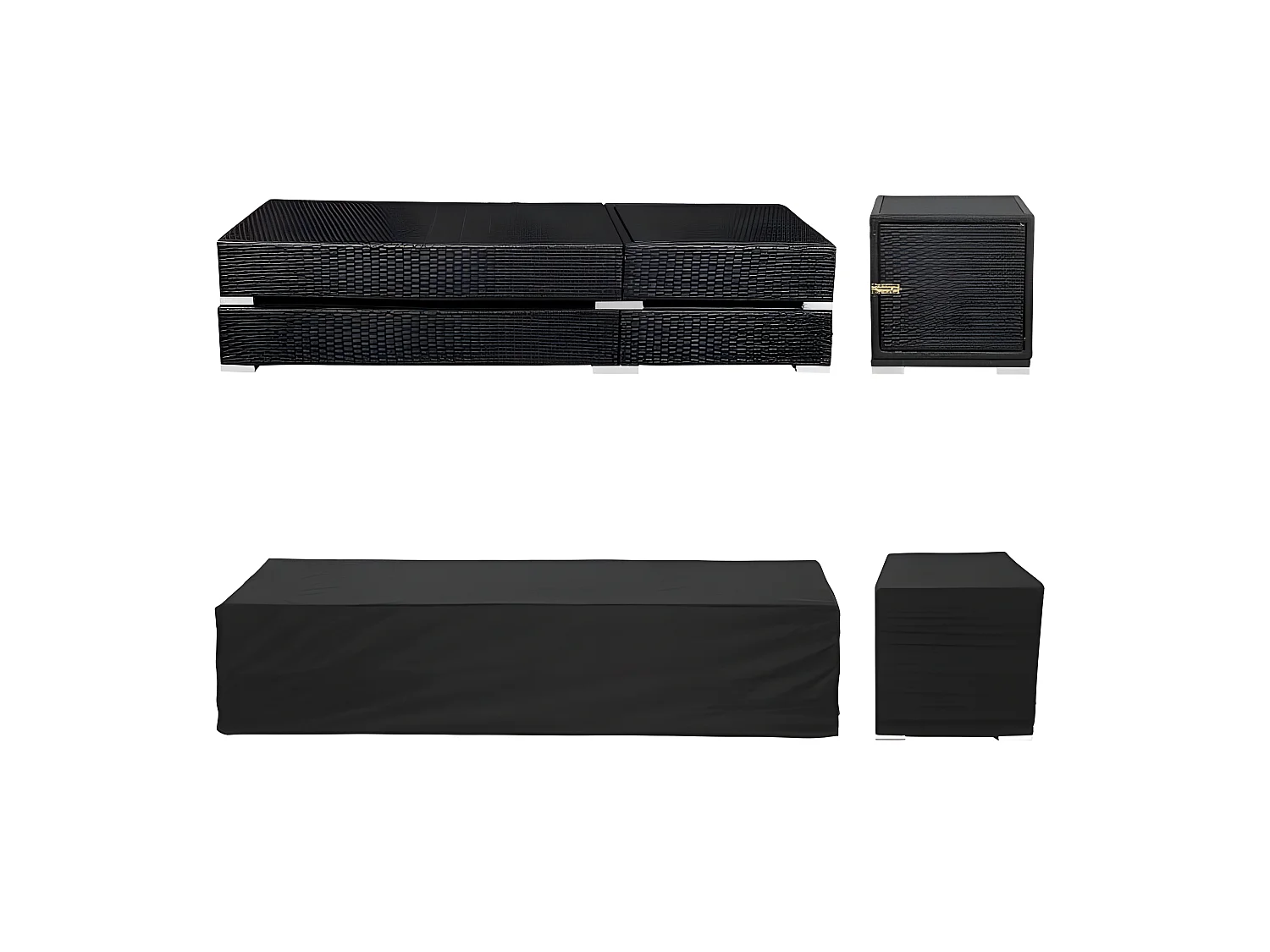 Set di due lettini prendisole in resina polyrattan intrecciata nera + tavolo + due set di coperture + copertura protettiva 08_0000505